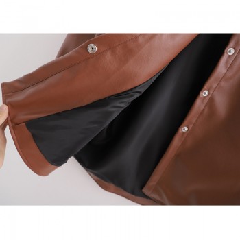 RR PU Leather Tie Belt Waist Coats Women Fashion Turn Down Collar Brown Jackets Women Elegant Pockets Coats Female Ladies JAB